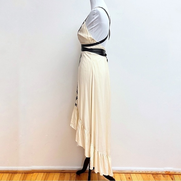 Twelfth Street Edgy Boho Leather Strappy Embroidered cream Cascading Maxi Dress - Picture 6 of 14